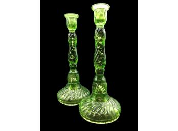 Pair Of Depression Green Glass Candlesticks