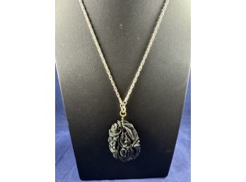 Carved Obsidian Pendnat On A Sterling Silver Chain, 19'