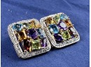 14K Yellow Gold Clip On Earrings With Diamonds And Mulicolor Stones Citrine, Amethyst, Topaz, Garnet, Peridot
