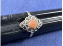 8K White Gold Marcasite And Coral Ring, Size 6
