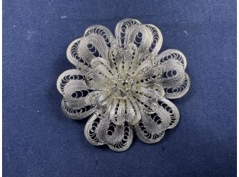 Sterling Silver Filligree Flower Pin Brooch