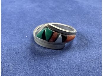 Sterling Silver Southwest Inset Turquoise, Coral , Onyx And Mother Of Pearl Ring, Size 6