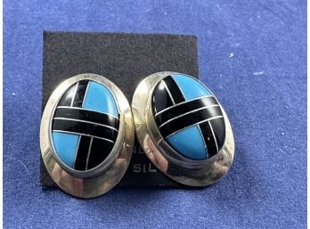 Sterling Silver Turquoise And Onyx Inlaid Native American, Indian Handmade Earrings, New On Card