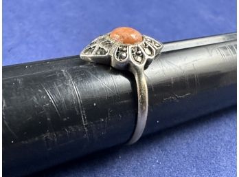 8K White Gold Marcasite And Coral Ring, Size 6