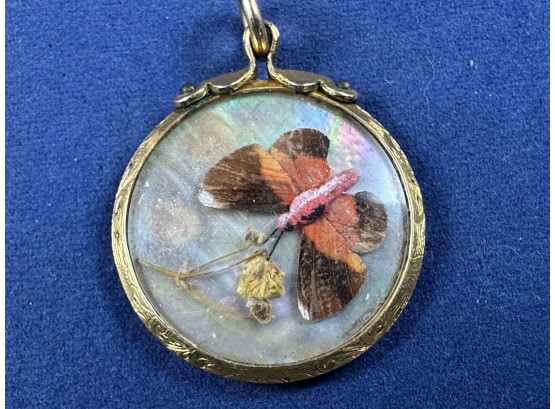 Antique Double Sided Butterfly Wing Pendant On Irrodescent Glass  3/4'