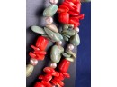 Triple Strand Turquoise, Coral And Pearl Necklace With Sterling SIlver Fittings Adjustable