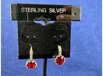 Sterling Silver With Red Crystal Earrings