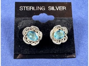 Sterling Silver Faceted Blue Topaz Floral Earrings