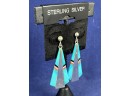 Southwest Turquoise & Sterling Silver Earrings With Inlaid Mother Of Pearl, Onyx And Coral