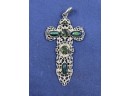 Silver Filligree Cross Pendant With Green Adventurine Cabachons