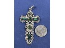 Silver Filligree Cross Pendant With Green Adventurine Cabachons