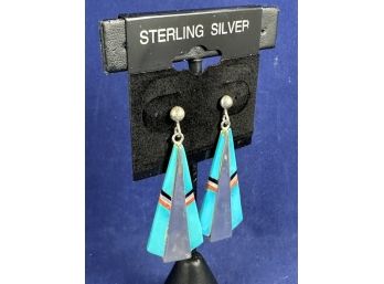 Southwest Turquoise & Sterling Silver Earrings With Inlaid Mother Of Pearl, Onyx And Coral