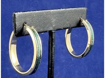 14K Yellow Gold Hoops With Green Enamel, Italy