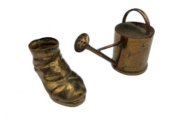 Miniatures, Set Of 2,  Watering Can And Boot, Brass?