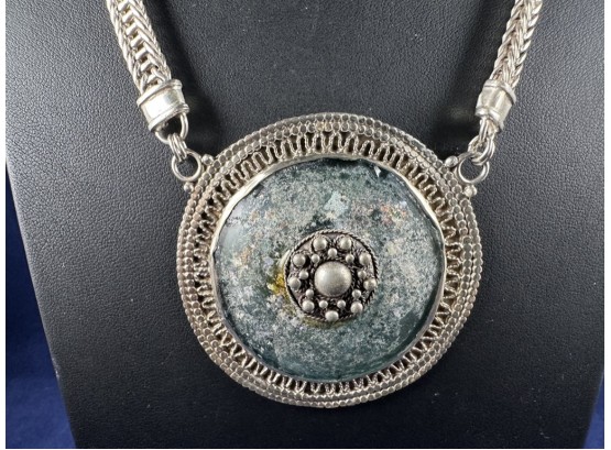 Vintage Sterling Silver Necklace With Large Roman Glass Center