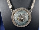 Vintage Sterling Silver Necklace With Large Roman Glass Center