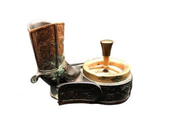 Collectible Vintage Spinning Ashtray Decorated With A Copper Cowboy Boot