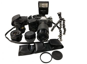 Canon 35MM   AE-1 Camera Kit With Flash Unit, Additional  Lenses And Filters