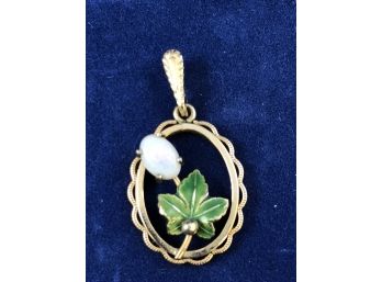 14K Yellow Gold Pendant With Green Enamal Leaf And Opal...Please Read Description