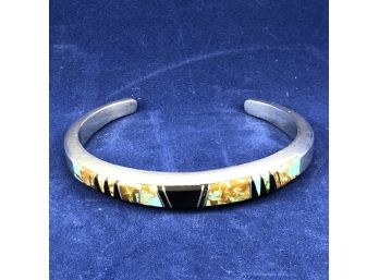 Jerry Cowboy Navajo Native American Sterling And Multi-Stone Inlaid Cuff Bracelet