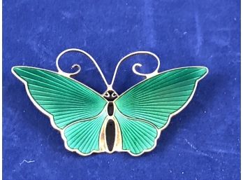 David Andersen Norway Enamel Butterfly Pin In Sterling Silver, 1960's, Green