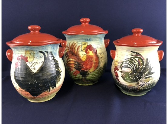 Trio Of Le Rooster Canisters And Lids, Certified International