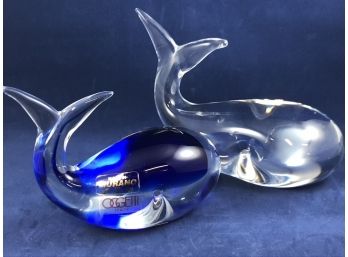Two Glass Whales, Blue And Clear Oggetti, Murano, Clear Unmaked