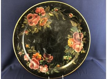 Vintage Toleware Handprinted Black Tray - Hand Painted Floral Design, Round