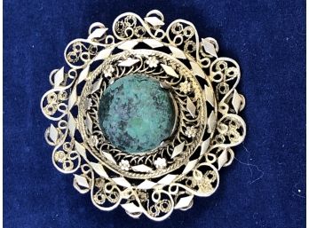 Vintage Sterling Silver Filigree And Turquoise Pin