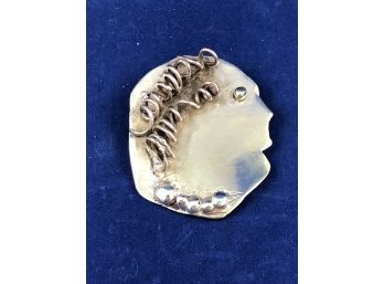 Very Interesting Hand Made Face Silver Pin, Signed EW