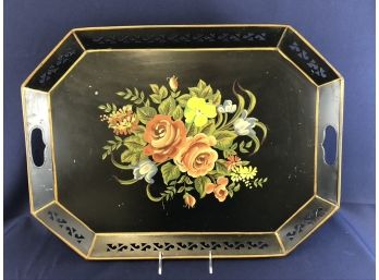 Vintage Toleware Handprinted Black Tray - Hand Painted Floral Design