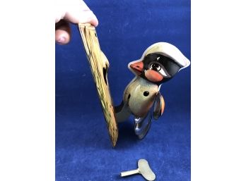 Vintage Tin Windup Toy Of Woodpecker On Tree,