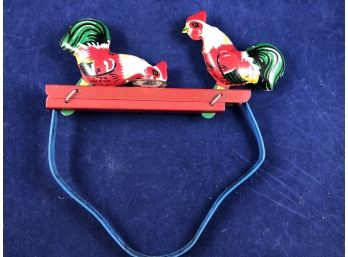 Vintage Tin Pecking Roosters Litho Toy-Hand Held Toy No Box