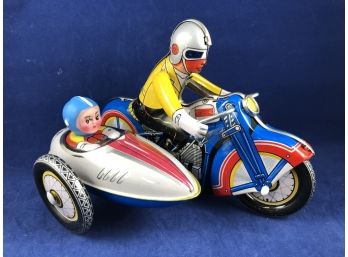 Tin Windup Toy Motorcycle With Sidecar. Collector's Item