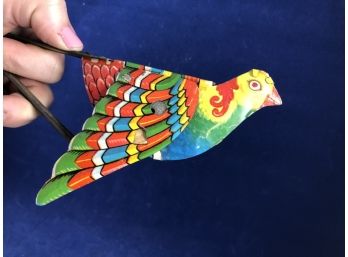 Vintage Bird Flying Mechanical Squeeze Singing Bird Litho Tin Toy