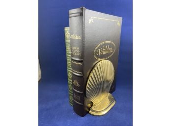 Brass Shell Book Ends And Two Handsom Leather Bound Books
