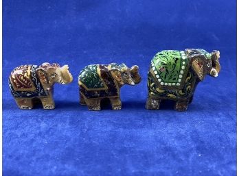 Trio Of Hand-painted Carved Stone Elephants