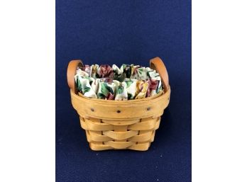 1997 Longaberger Small Round Basket With Leather Handles, Floral Liner And Protector