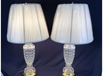 Pair Of Ethan Allen Cut Glass Lamps, Triple Switch, Shades In Original Plastic