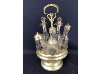 Vintage 5 Bottle Decorative Glass Cruet Castor Shaker Condiment Set Metal Stand