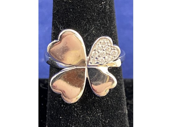 Sterling Silver 4 Leaf Clover Ring With CZ Accents