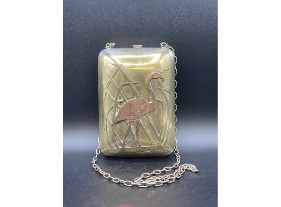 Vintage Silver Over Brass Purse With Copper Flamingo