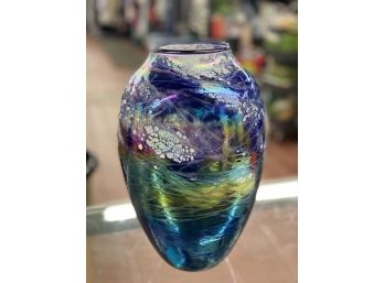 Tom Stoenner, Hand Blown Blue Iridocent Art Glass Vase, Signed And Dated 1996