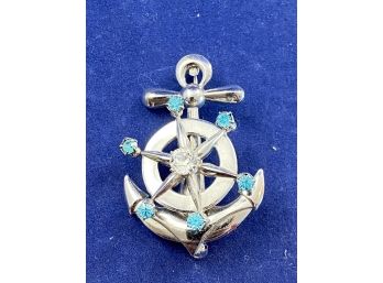 Sterling Silver Vintage Nautical Rhinestone Anchor With Spinning Ships Wheel Pin