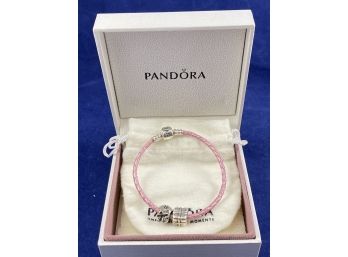 Authentic Pandora Bracelet Pink Single Strand Leather Barrel Clasp And Two Charms
