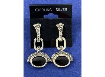 Sterling Silver Dangle Earrings With Marsicite & Black Stone