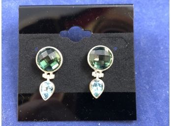 Sterling Silver Drop Stud Earrings With Blue And Green Faceted Stones
