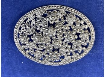 Vintage Sterling Silver And Marcasite Oval Floral Pin