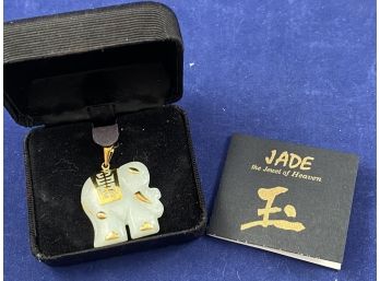 14K Yellow Gold And Celadon Jade Elephant Pendant, New In Box