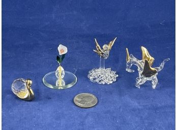 Lot Of 4 Minitures, Crystal, Glass And Gold, Bird, Swan, Dragon And Flower